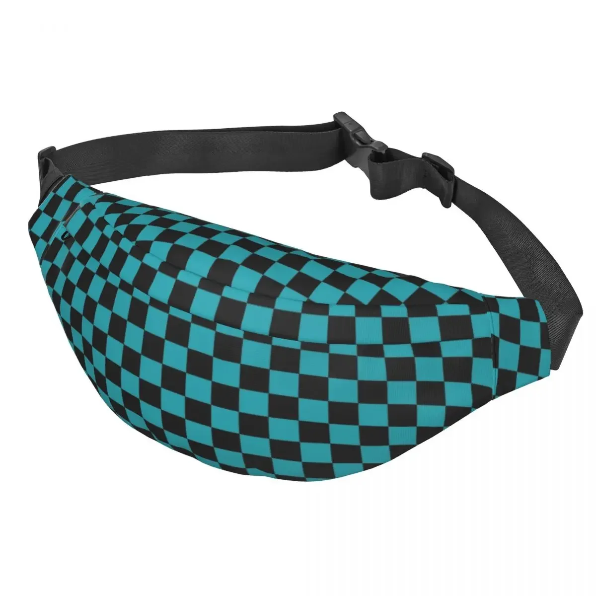 Custom Checkerboard Pattern Black And Cyan Blue Plaid Fanny Pack Hiking Men Women Sling Crossbody Waist Bag Phone Money Pouch