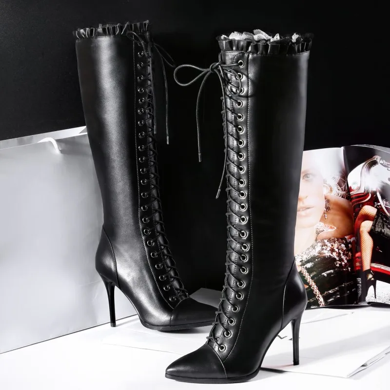 Genuine Leather Women\'s High Knee Boots Winter Shoes Sweet Elegant Lace Up Black High Heels Party Shoes Girls Boot Large Size 48