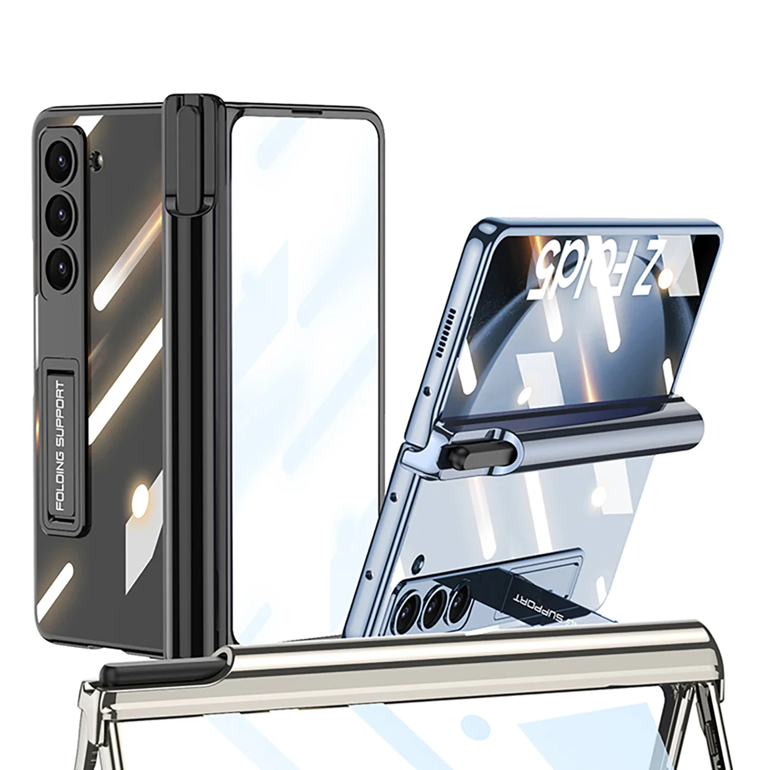 Magnetic Hinge Protection Pen Holder Plating Frame Clear Hard PC Cover For Samsung Galaxy Z Fold 5 Case with Screen Protector