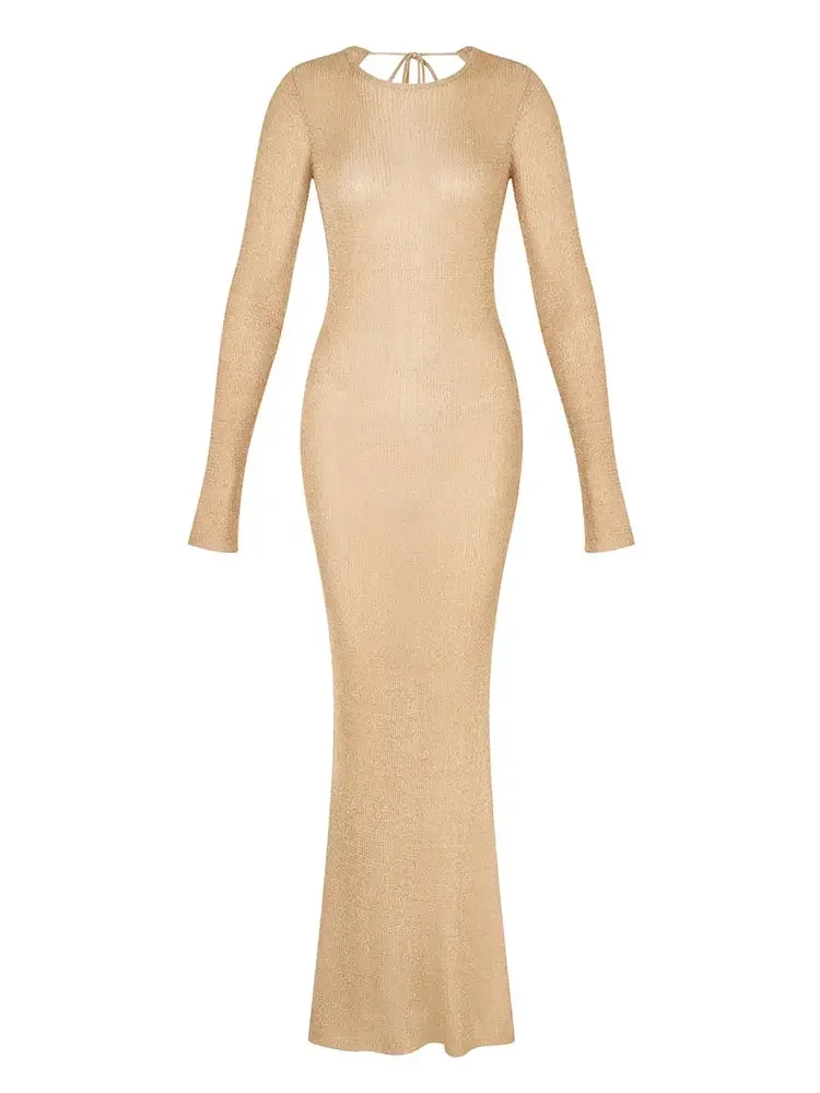 Vestido playero de punto Sexy para mujer, vestidos largos transparentes ajustados con espalda descubierta y borlas, manga larga con abertura, preciosos, K65