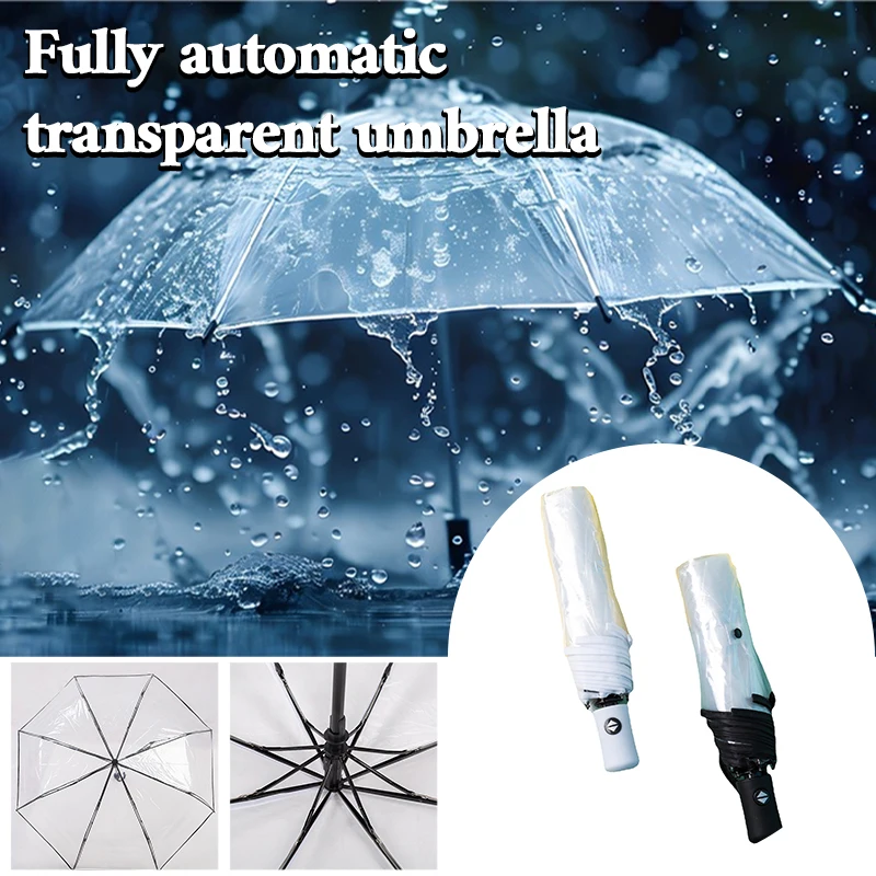 Automatic Transparent Folding Umbrella Portable Fashion Durable Outdoor Trifold Umbrella Small Fresh Thicken Plastic Umbrella