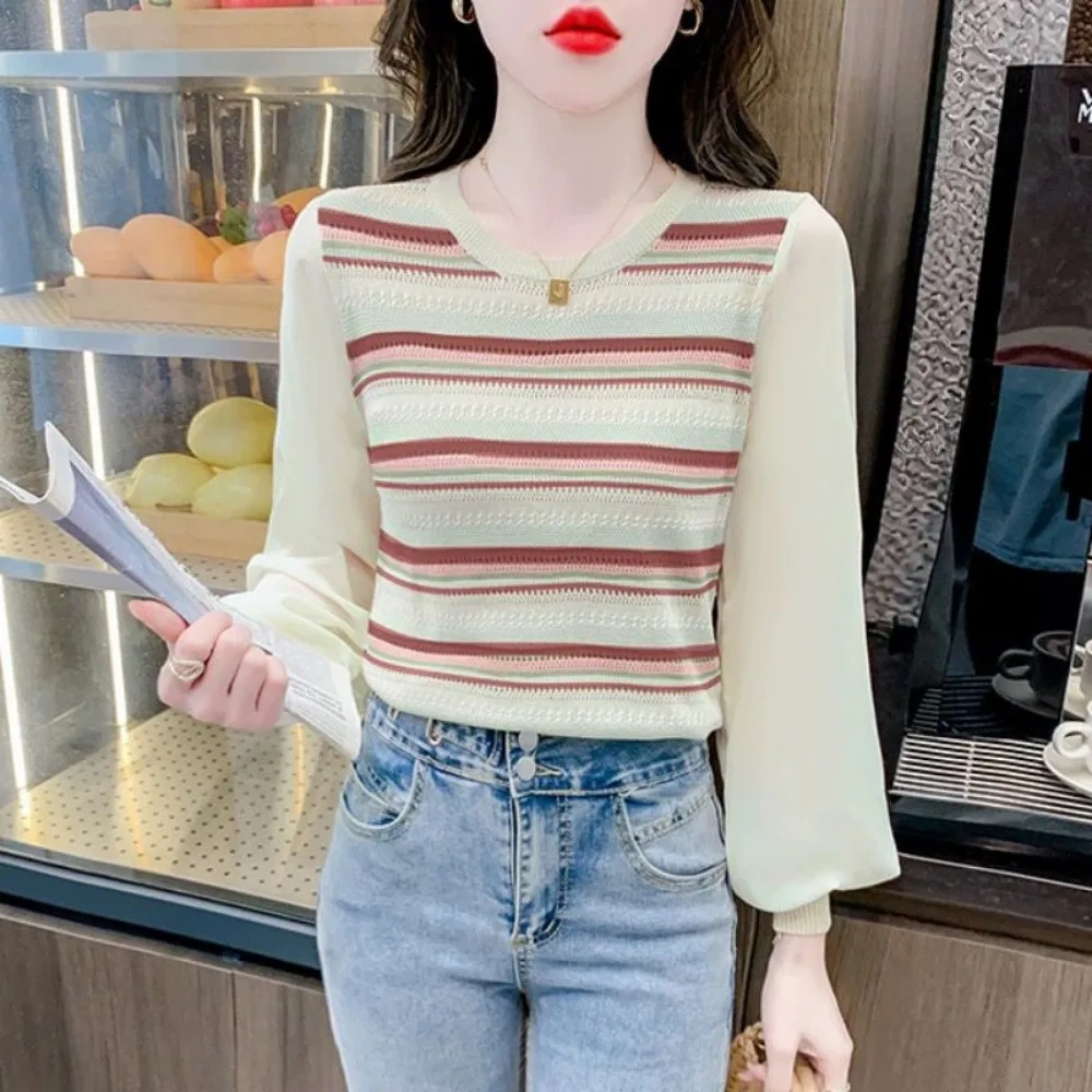 Sweet Hollow Striped Knit Shirt For Women's Autumn 2023 New French Patchwork Chiffon Long Sleeved Loose Fitting Korean Top