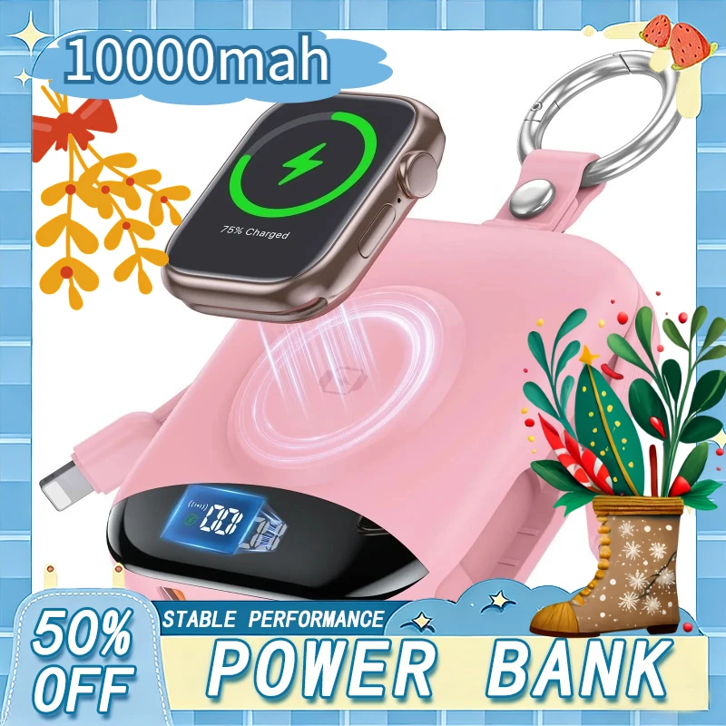 

10000mAh 22.5W Fast Charging Power Bank with Built-in Cables, 4-in-1 Portable Charger with LED Display & Keychain for iWatch