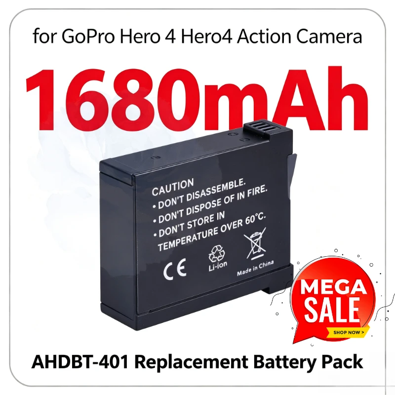 Brand New Upgrade AHDBT‑401 Replacement Battery for GoPro Hero 4 Hero4 Action Camera, 1680mAh High Capacity Long Lasting Battery
