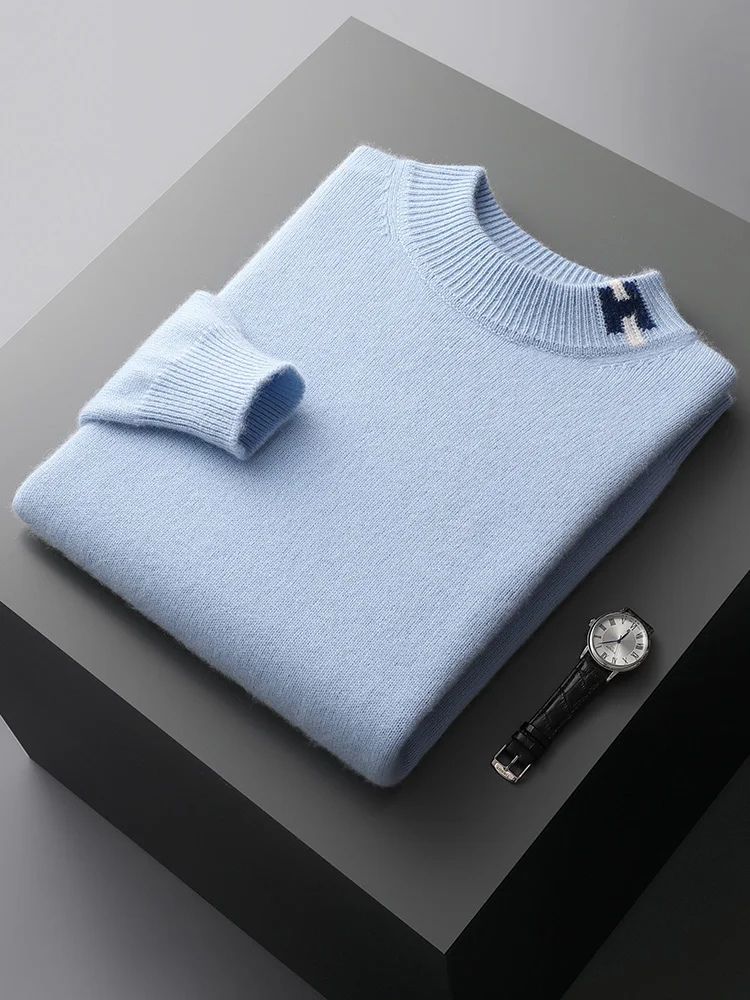 Autumn Winter Men Cashmere Sweater Mock Neck Long Sleeve Pullover Thick Basic Soft Warm Clothing 100% Merino Wool Knitwear Tops