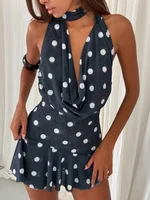Absobe-minivestido de malla con lunares y cuello Halter para mujer, vestido corto ajustado con escote en V profundo, sin mangas, corte en A, Sexy, sin espalda, contraste