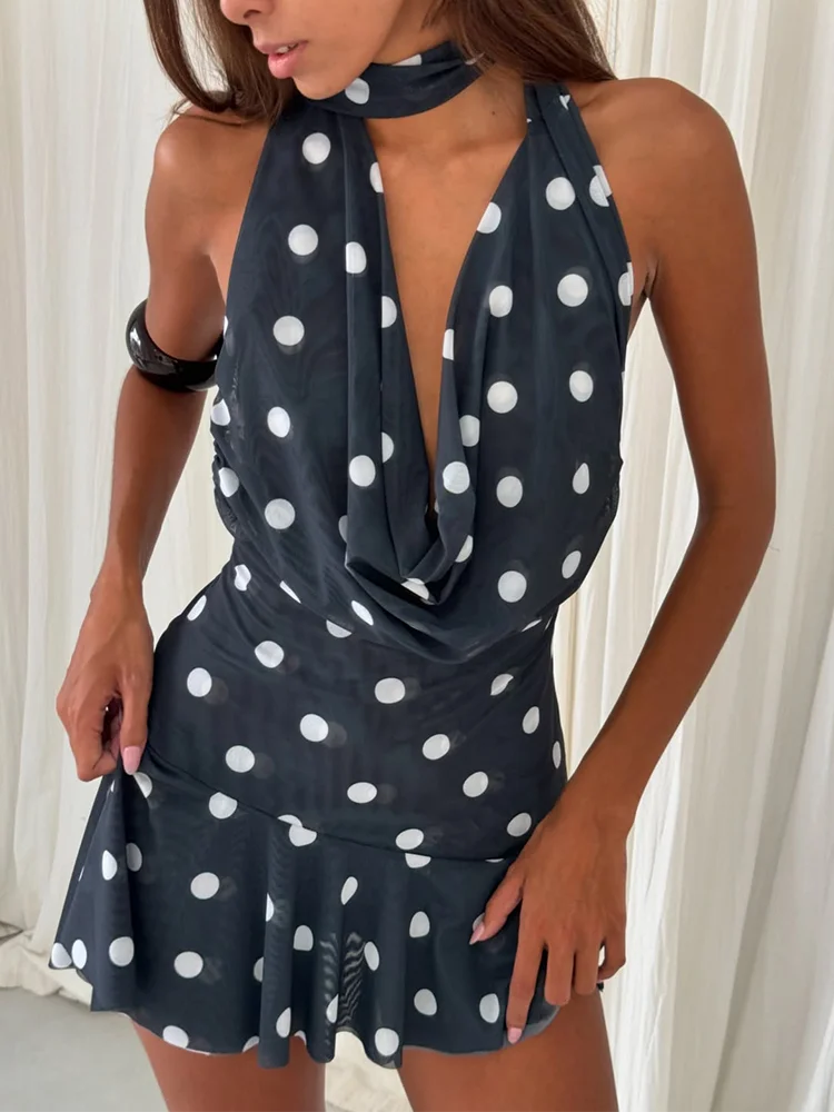 Absobe Mesh Polka Dot Halter Mini Dress Women's Deep V-Neck Sleeveless A-Line Sexy Backless Contrast Slim Short Dress Partywear