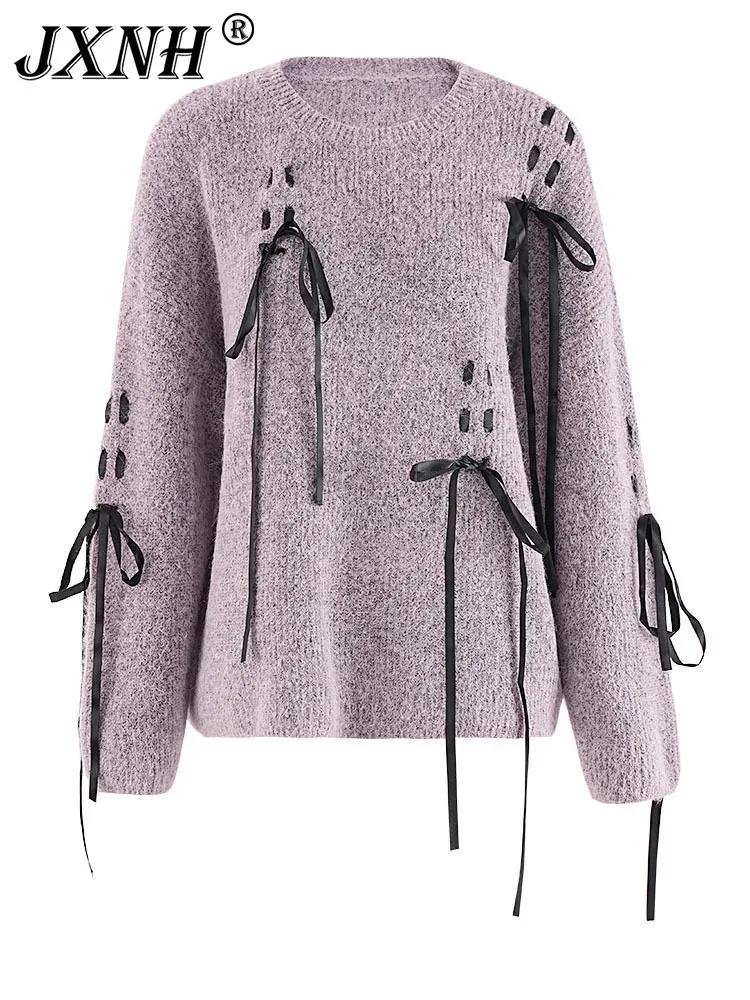 

Purple Ribbons Big Size Knitting Sweater Round Neck Long Sleeve Women Pullovers New Fashion Spring Autumn 2024