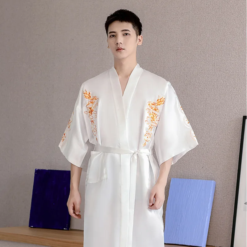 Casual Satin Half Sleeve White Soft Bathrobe Gown Embroidery Dragon Men Japanese Kimono Robe Chinese Traditional Yukata