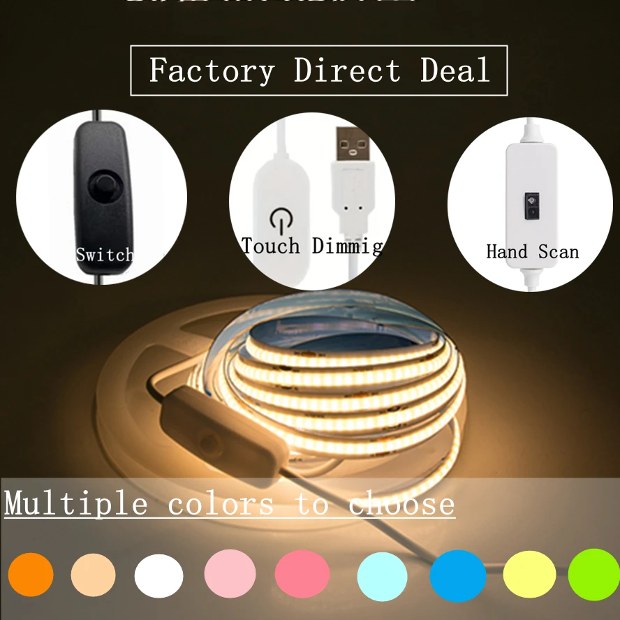 Super Bright USB DC 5V COB LED Strip Light 320leds/m with Hand Scan / Dimmable Touch Sensor Switch/ Push Switch 1m 2m 3m 4m 5m