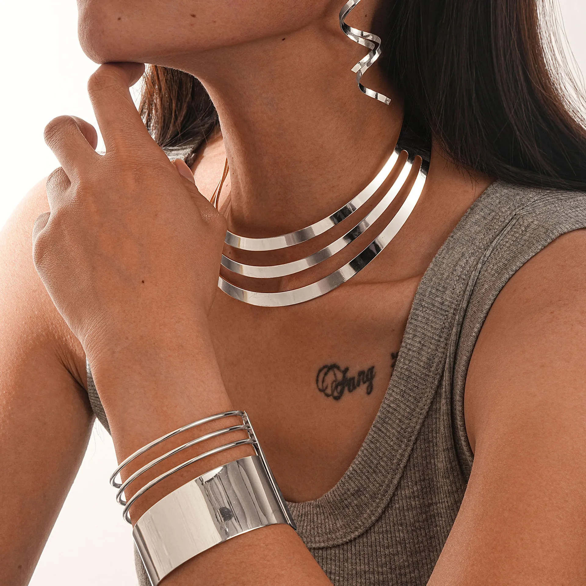 DIEZI Punk Gold Silver Color Choker Torques Necklace Earrings Bangles Set For Women Fashion Vintage Clavicle Jewelry Set