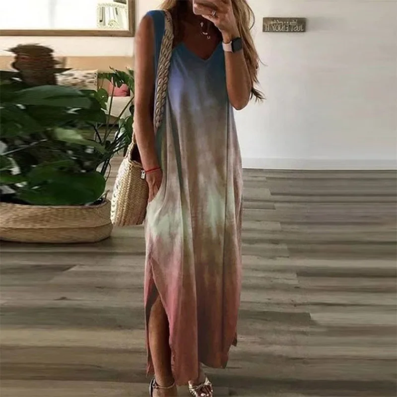 Women's V-neck Casual Loose Fashion Tie Dye Gradient Color Long Dresses Sleeveless Split Dress with Pockets Summer Beach Skirt