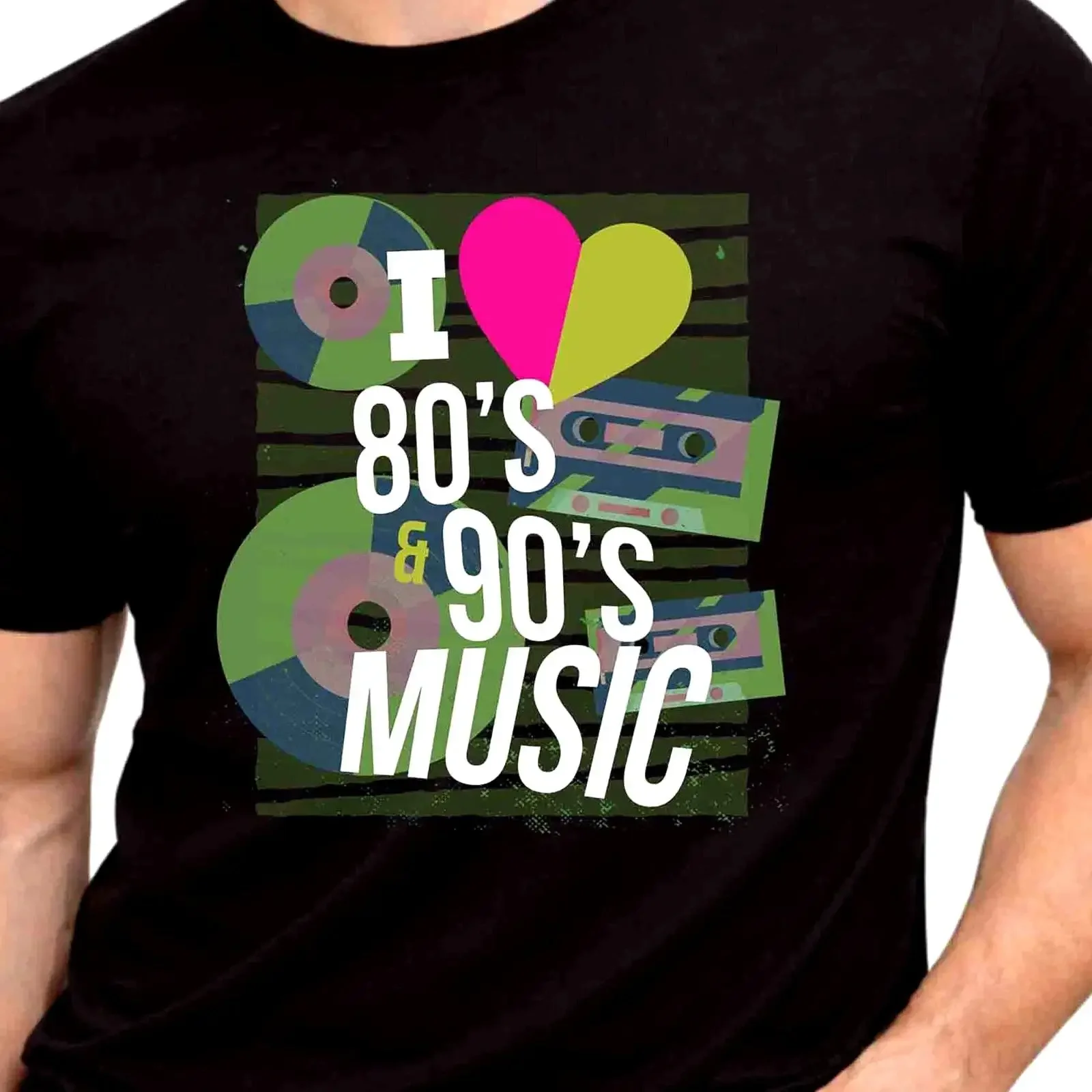 Camiseta Gráfica Musical I Love Anni 80 90 Retrô Vintage Cassete Vinil Amante Camiseta Vintage Lavada Versátil