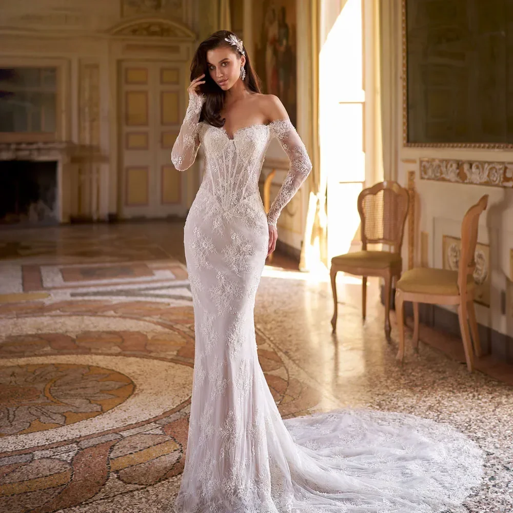 

Винтажное свадебное платье русалки для женщин с открытыми плечами Vestido De Novia, кружевное свадебное платье с вышивкой и длинными рукавами по индивидуальному заказу