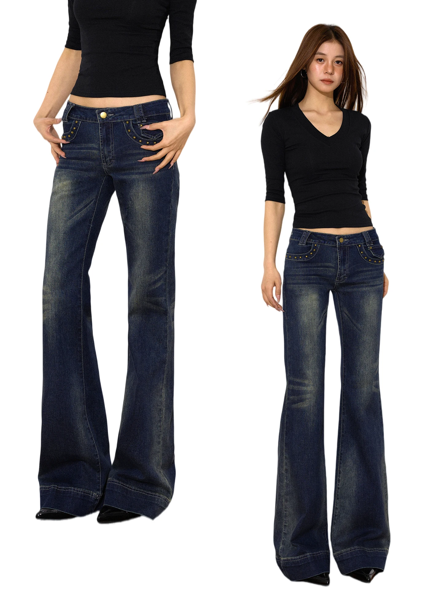 

Low Waist Slim Fit Women's Jeans Retro American Sle Elastic Bell Bot Faionable Cotton Pants for Ladies Spring Season