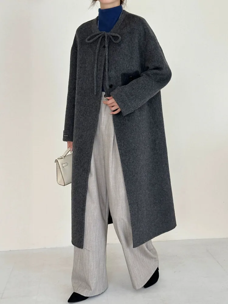 ZMEENNA femmes gris anthracite laine mélange Long manteau col montant cravate détail chaud formel mode usage quotidien surdimensionné ZM3481