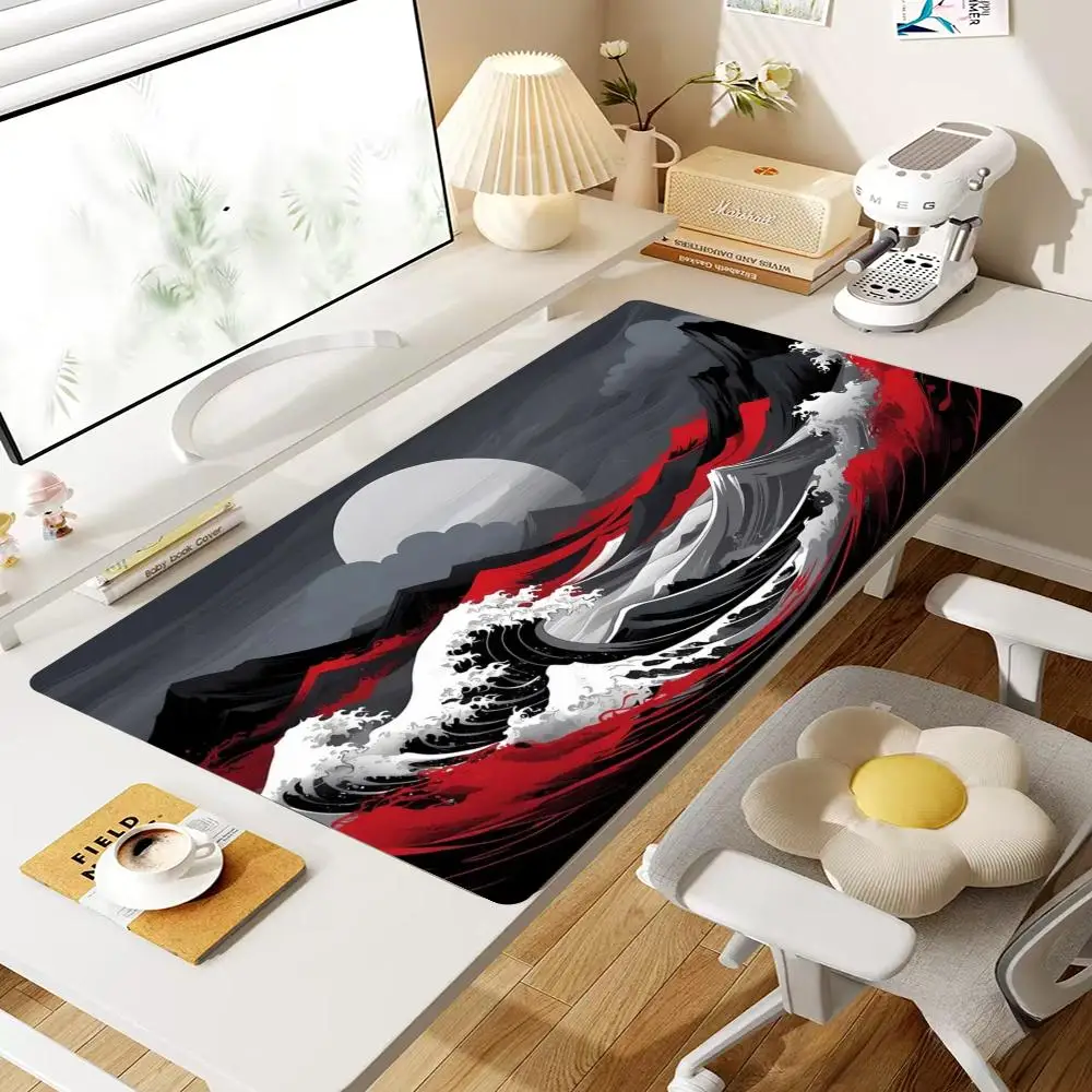 XXL Red Black Great Wave Mountain Full Moon Play mat Non-Slip Rubber Base Stitched Edge Desk Pad for Office Esports Gaming Gift