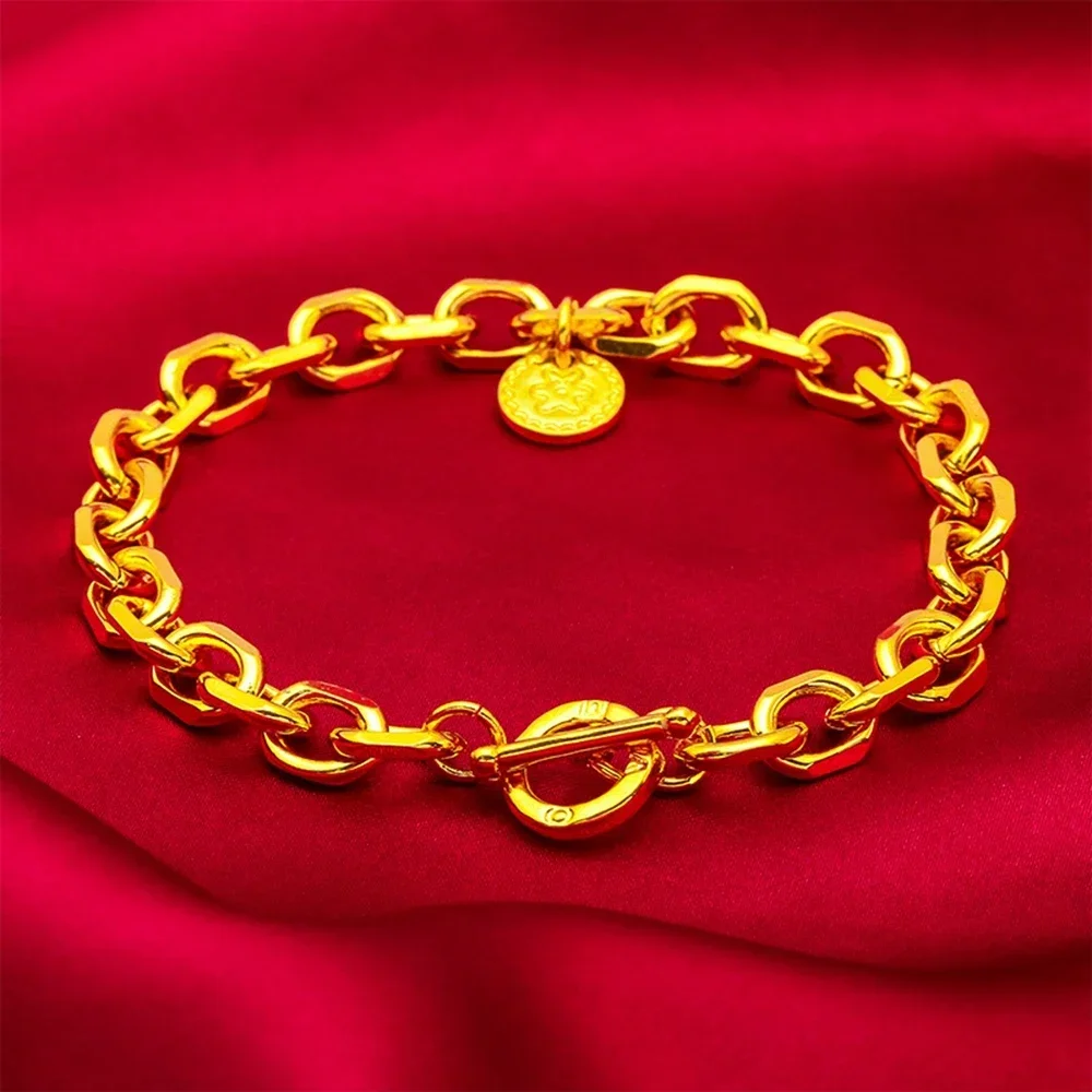 Luxury 18 KT O Link Bracelet for Women Pure Gold Color Circular Pendant Bracelet Matte Wedding Anniversary Fine Jewelry Gifts