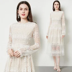 New French Spring Summer Women Long Sleeve Solid Vestidos Breathable Hollow Out Lace Embriodery Feminino Socialite Party Dresses