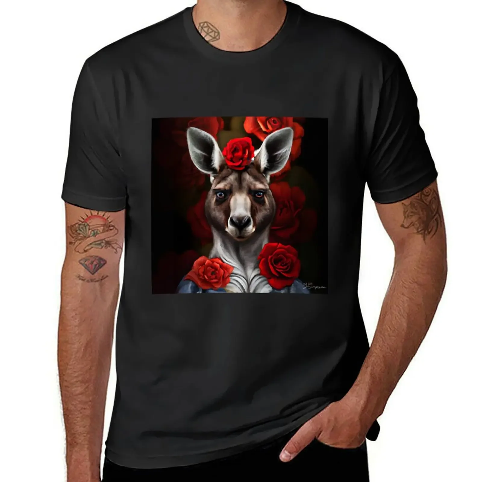 Kangaroo lady with red roses T-Shirt sports fans shirts graphic tee anime stuff for a boy cotton t shirt men