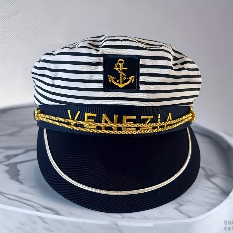 VENEZIA-Captain Navy Blue Cap, Striped Navy Cap Burning Man Party Cap for Cruise Ship Party, Adult Party, Cosplay, Outdoor