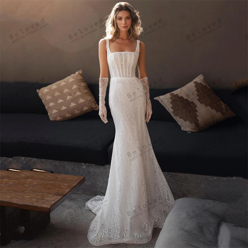 Modern Wedding Dresses Square Collar Bridal Gowns Spaghetti Straps Robes Lace Appliques Vintage Vestidos De Novia Customized