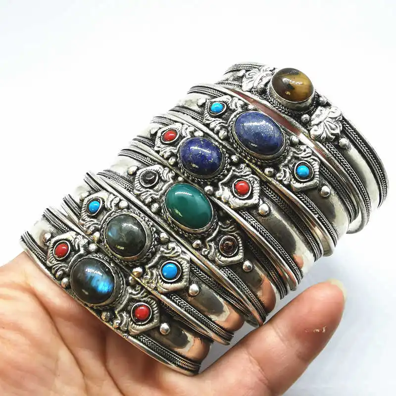 Tibetan Bangles Copper Inlaid Stone Bangle Nepal Vintage Open Cuff Labradorite BB-029