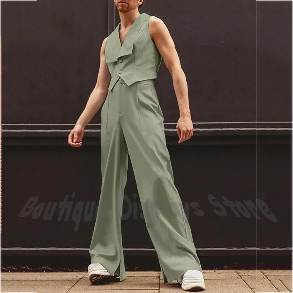 

Trendy Men Suit Two Piece Set Asymmetrical Lapel Sleeveless Vest With Split Pants Casual Street Style Club Party Fashion Outfit