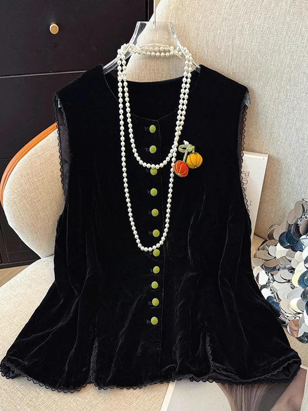 

Женский жилет Ele Velvet с кружевной отделкой и круглым вырезом, весна-осень, новинка, на одной пуговице, топ-жакет