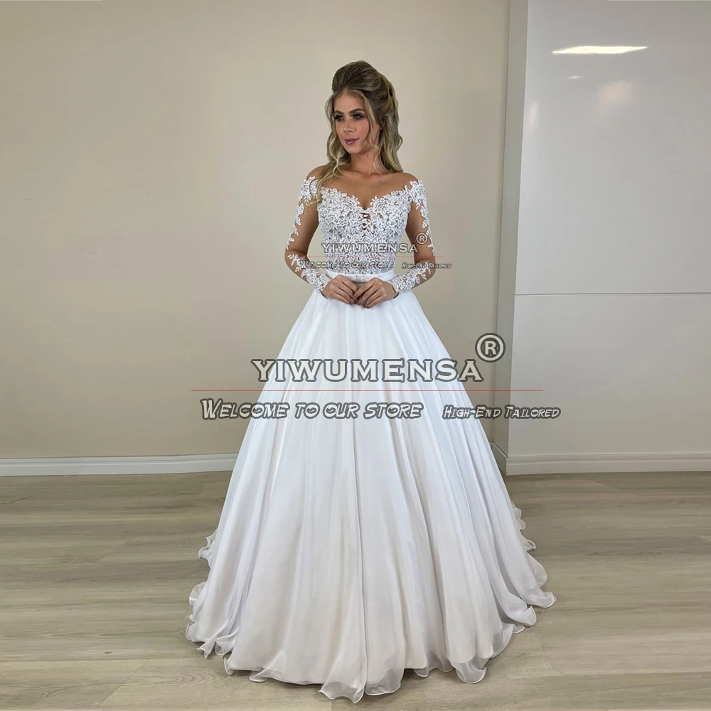 Sexy Illusion Ivory Wedding Dress Backless Long Sleeves Scoop Neck A Line Formal Party Women Marriage Bridal Gowns Tailored Made