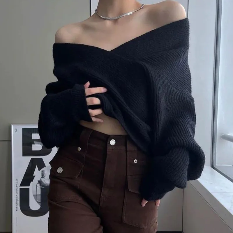 Female Preppy Style Irregular Solid Color Knitting V-neck Puff Sleeve Pullovers Autumn Sweet Hollow Out Loose Sweater Women\'s