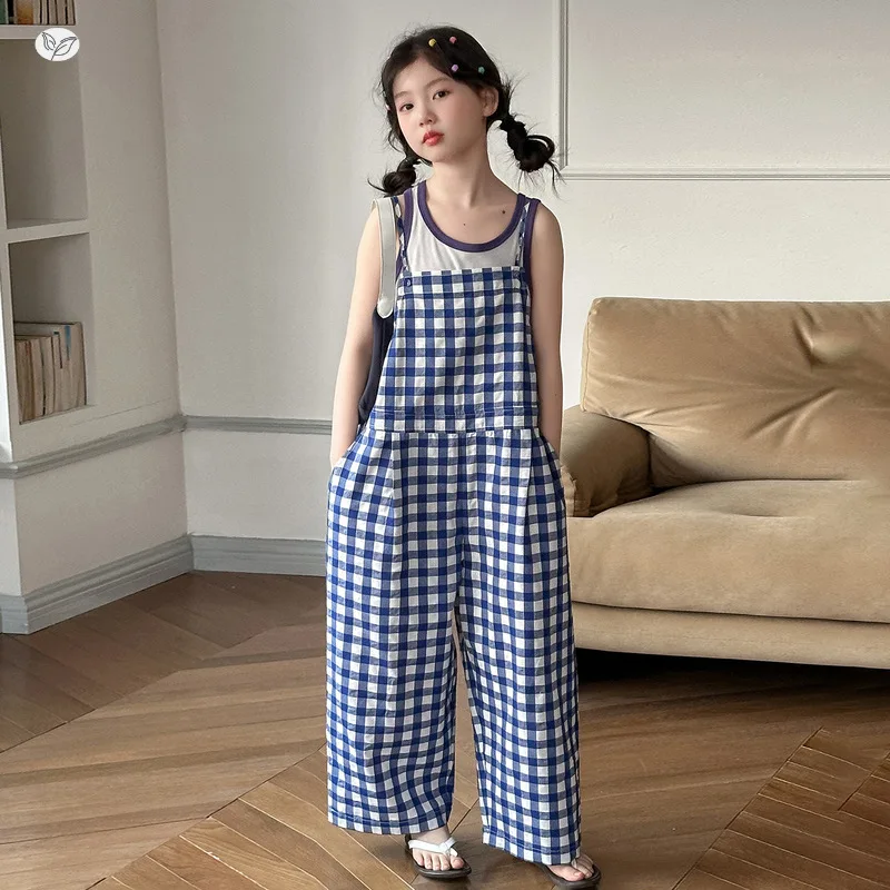 

Girls' Plaid Overall Pants Set 2026 Summer New Style Girls' Vest Plaid Wide-Leg Pants Two-Piece Set Suitable for Ages 7-14