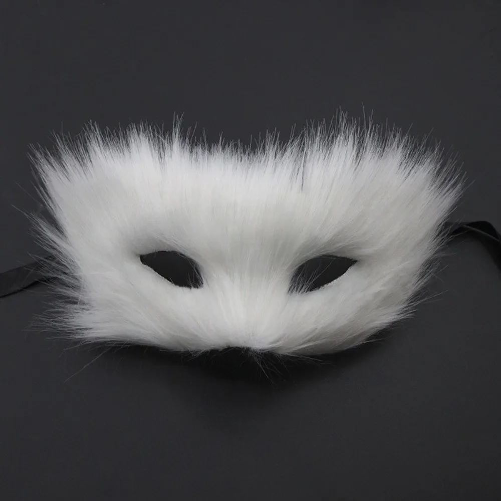 Máscara de gato de peluche de dibujos animados, máscara de media cara de Animal peludo largo, decoración de Halloween, máscara de ojos, máscara de felpa de Halloween, atmósfera de Festival