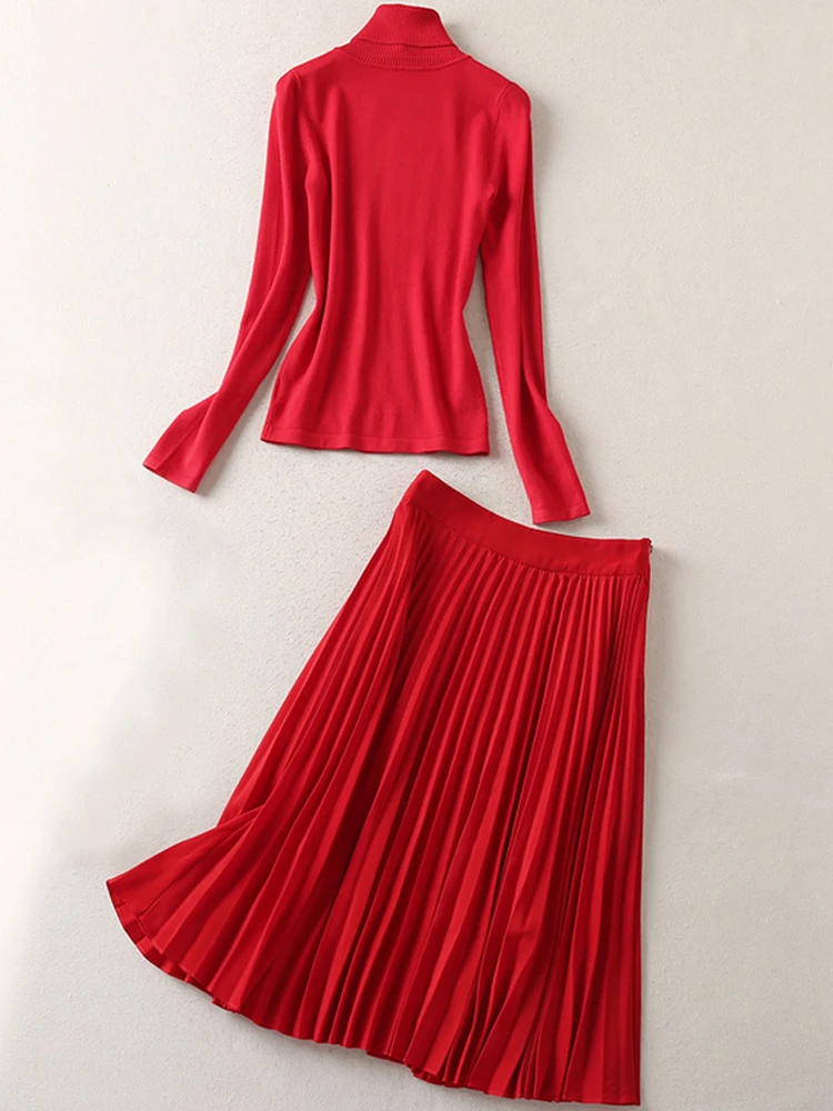 Princess Spring Autumn New Women Sets Turtleneck Knitted Tops Pleated Skirt Vintage Casual Party Office High Quality Red Suit