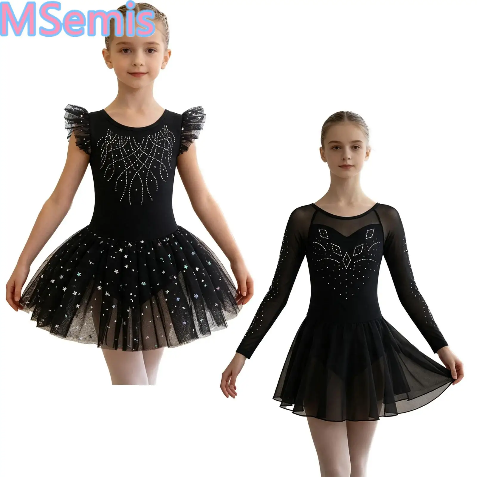 Kids Girls Figure Ice Skating Ballet Tutu Dance Dress Cross Back Mesh Patchwork Rhinestones Dance Dress for Practice Performance