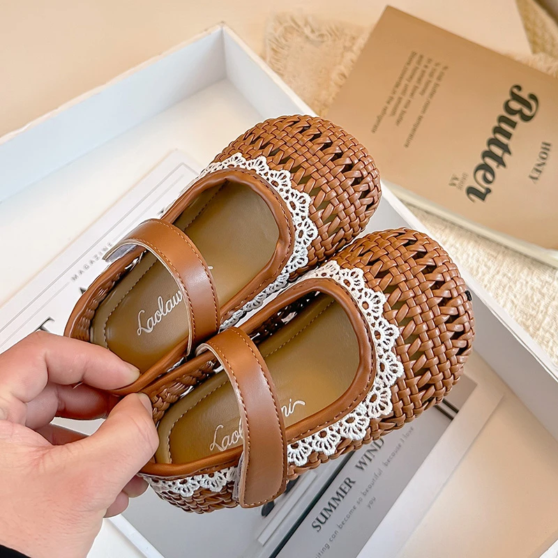 

Children Woven Flat Shoes 2026 New Lolita Toddlers Ruffled Edge Girls Hollow-out Leather Shoes Causal Kids First Walker Shoes