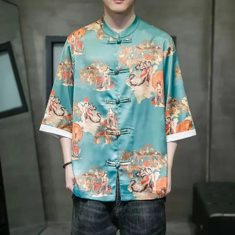 

Hanfu T-shirt Vintage Fachion Printing Tops 2025 Chinese Style Men's Summer Ice Silk Short Sleeved Shirt Classic Tang Dynasty
