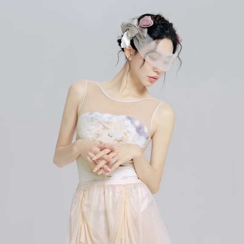 

Женский балетный трико с принтом, жилет без рукавов, танцевальный трико для взрослых, сетчатый гимнастический боди, балетный купальник