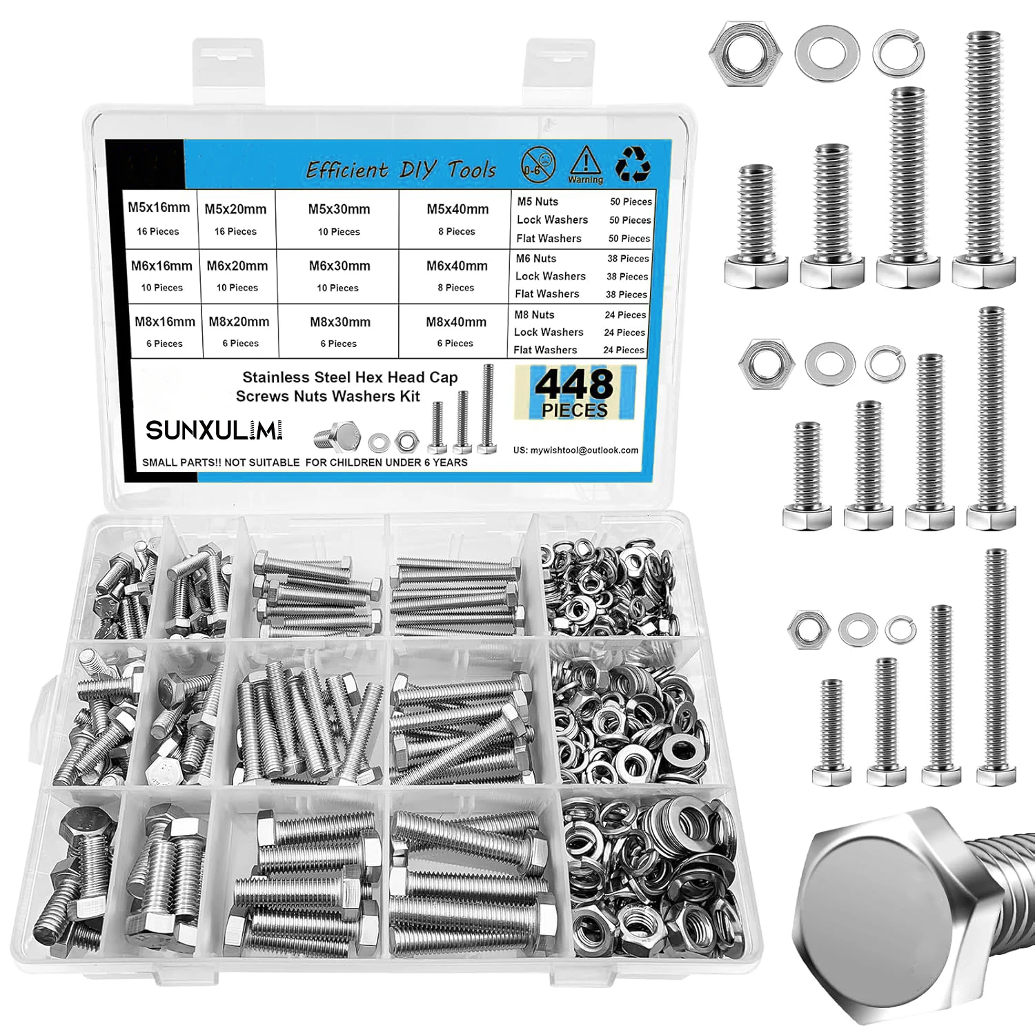 

448 шт. M5, M6, M8 комплект болтов и гаек с шестигранной головкой, метрические болты, нержавеющая сталь, плоские шайбы и пружинные шайбы, полная резьба