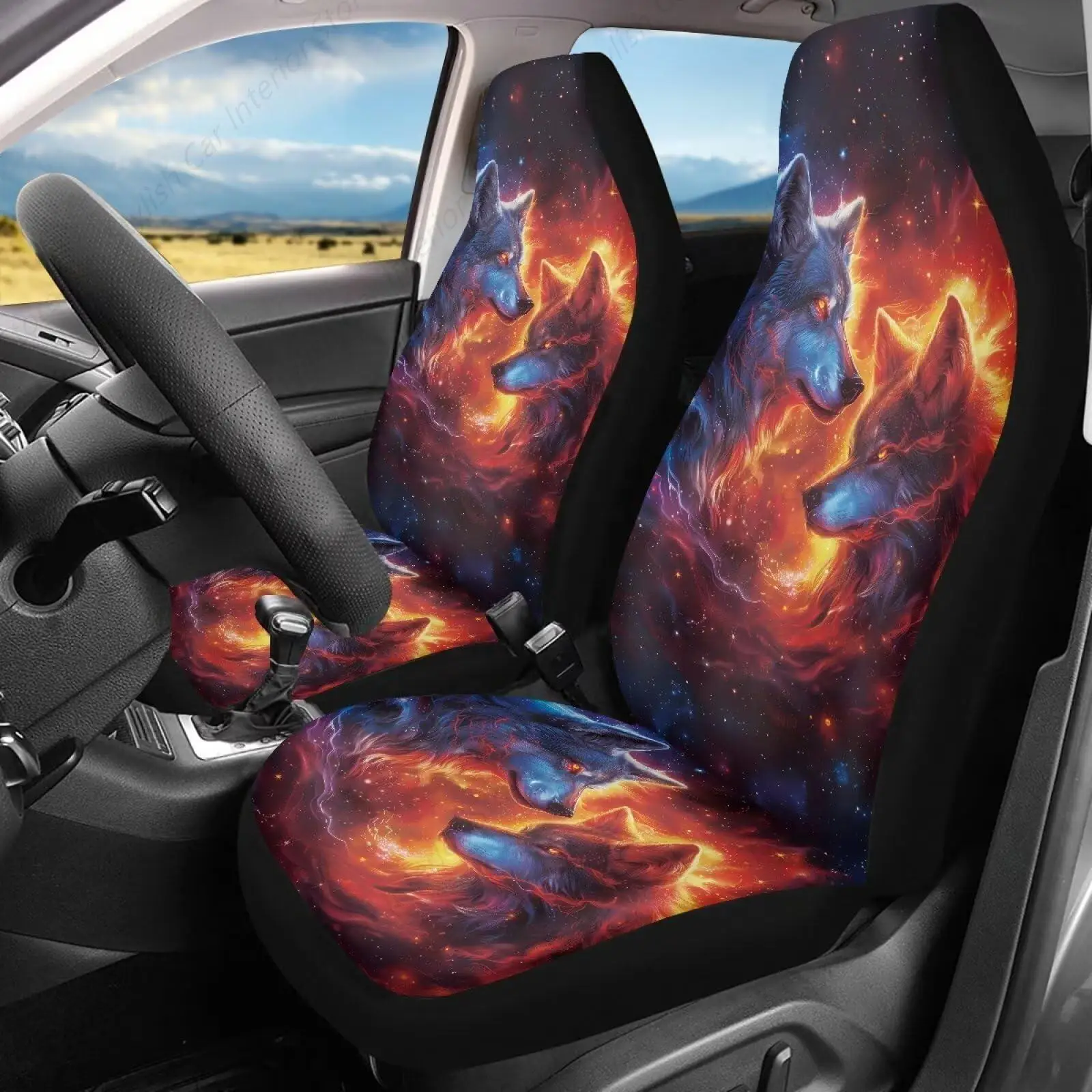 

2 Pieces Car Accessories Only Front Seat Covers Set Cool Wolf Auto Interior Decor Seat Covers Universal Fit for Most Truck SUVs