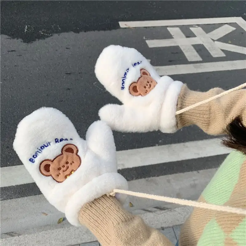 Bear Embroidery Soft Plush Gloves for Women Winter Warm Thicken Fingerless Mittens Girls Student Outdoor Warmer Gift Hand Guards