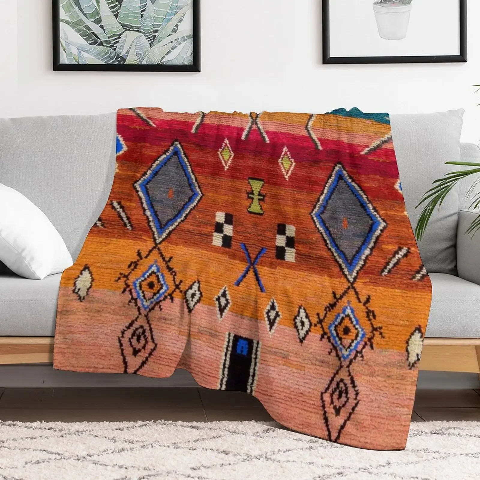 Heritage Traditional Multicolour Moroccan Rug Design Throw Blanket Warm Flannel Blanket for Couch Chair Bedroom