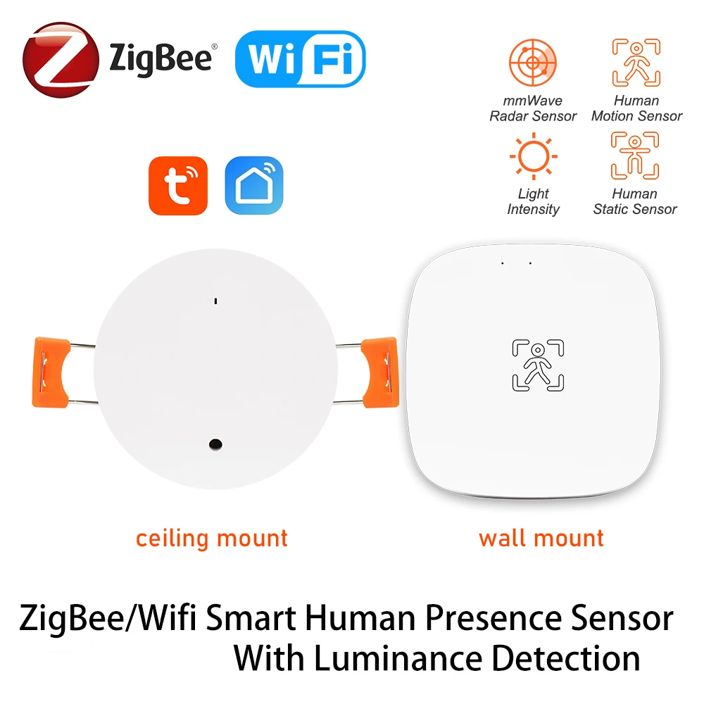 ZigBee Wifi MmWave czujnik ruchu obecności człowieka z wykrywaniem luminancji/odległości 5/110/220V Tuya Smart Life Home Automation