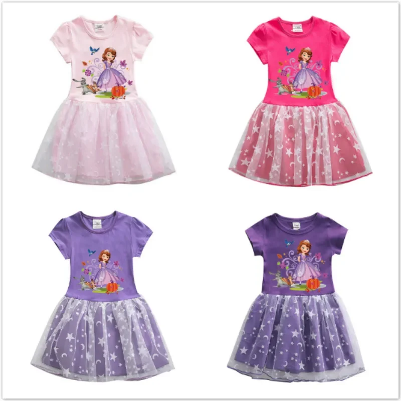 Disney Girls Dresses Princess Cartoon Sofia Print Summer Cotton Short Sleeve Dress Children Star Moon Lace Christmas Costumes