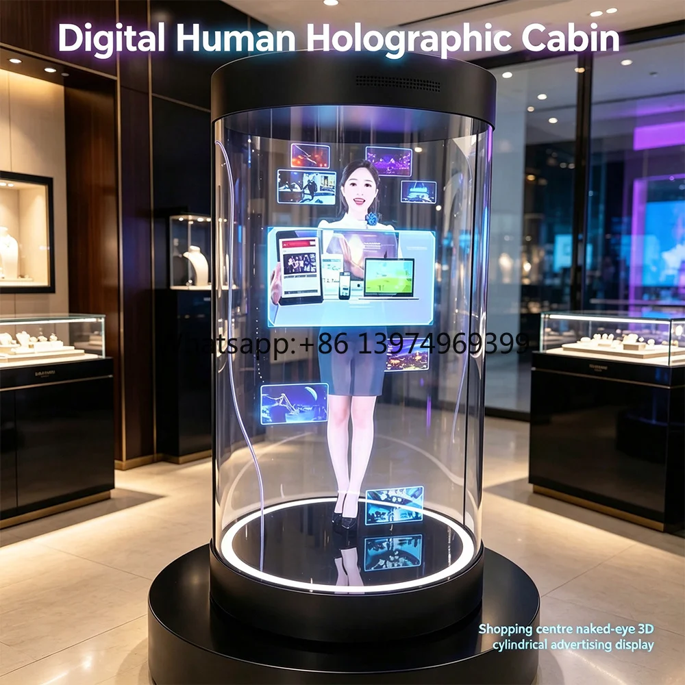32-inch Holographic Projection Screen, Cylindrical Holographic Display Unit, Digital Human Advertising Display for Showrooms.