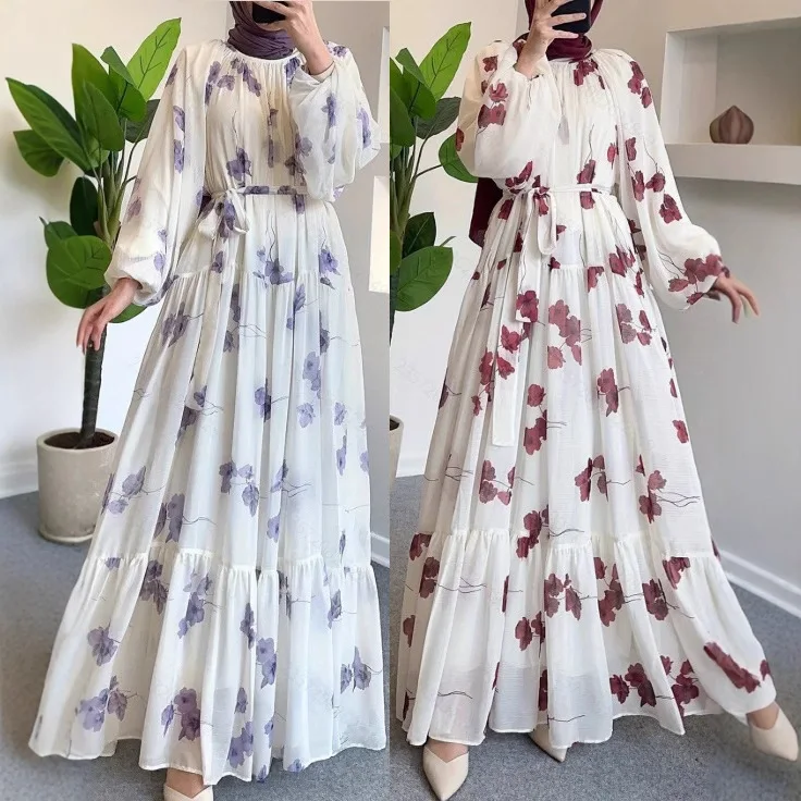 

Fashion Muslim Dress Traditional Modest Dresses Designer Floral Printed Muslim Women Dress Long Sleeve Chiffon Maxi Dress