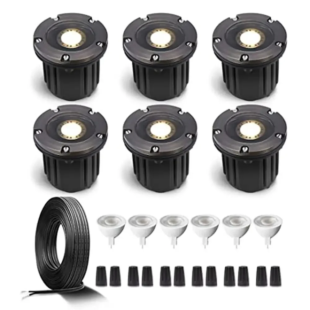 

6 Pack Solid Brass Low Voltage In Ground Lights Kit with MR16 Bulb & 100Ft Wire 12V AC/DC LED Well Lighting Outdoor Yard and