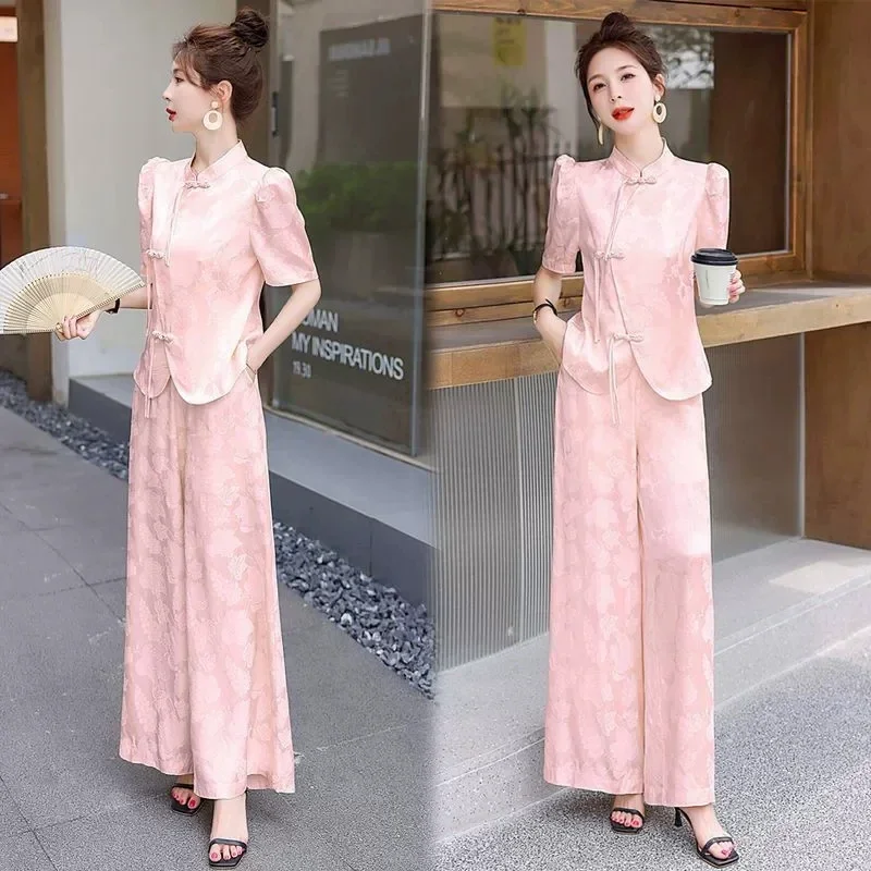 

Женский улучшенный комплект Cheongsam в китайском национальном стиле, элегантный, легкий, роскошный, широкие брюки, лето, новинка, 2022.