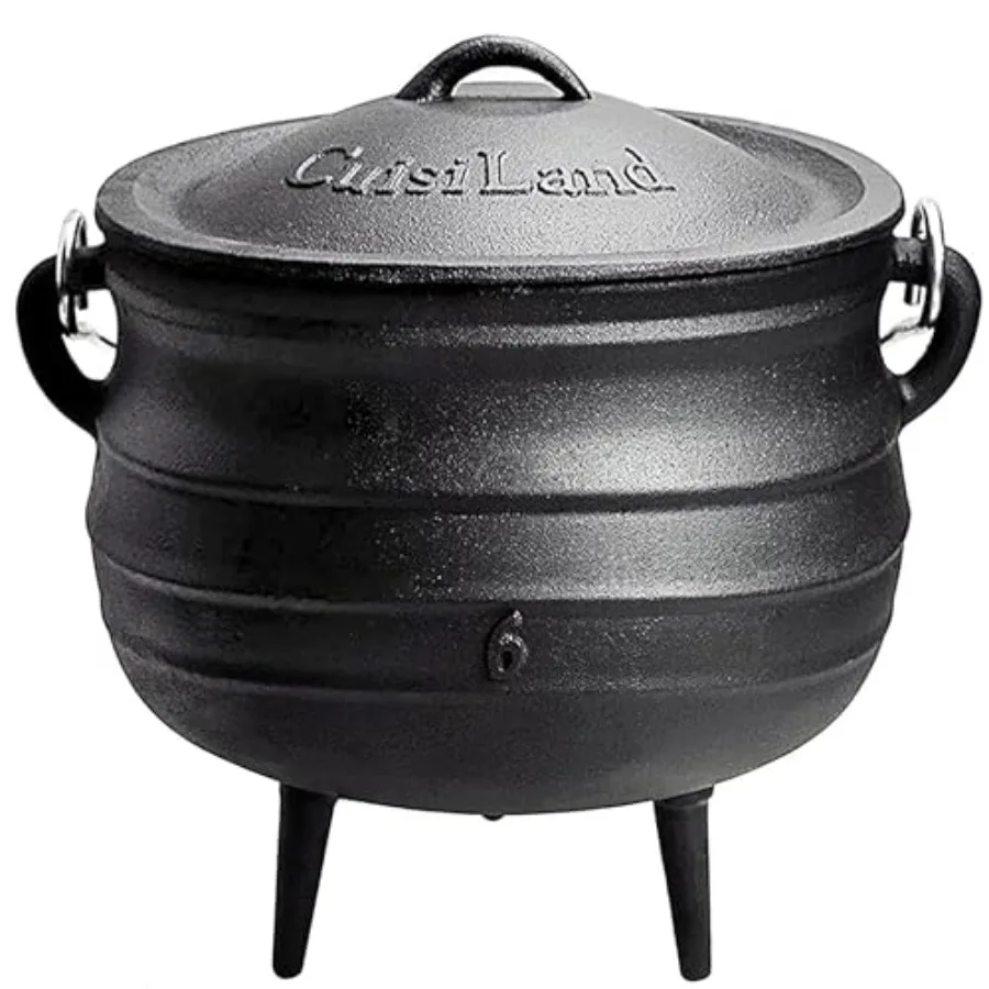 Olla Caldero de Hierro Fundido de 14QT con Tapa y 3 Patas, Precurada al Estilo Sudafricano, para Cocinar Sopas al Aire Libre