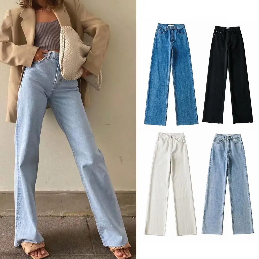 Stylish Denim Pants  Full Length Shrink-resistant Casual Pants  Women Straight Wide Leg Jeans